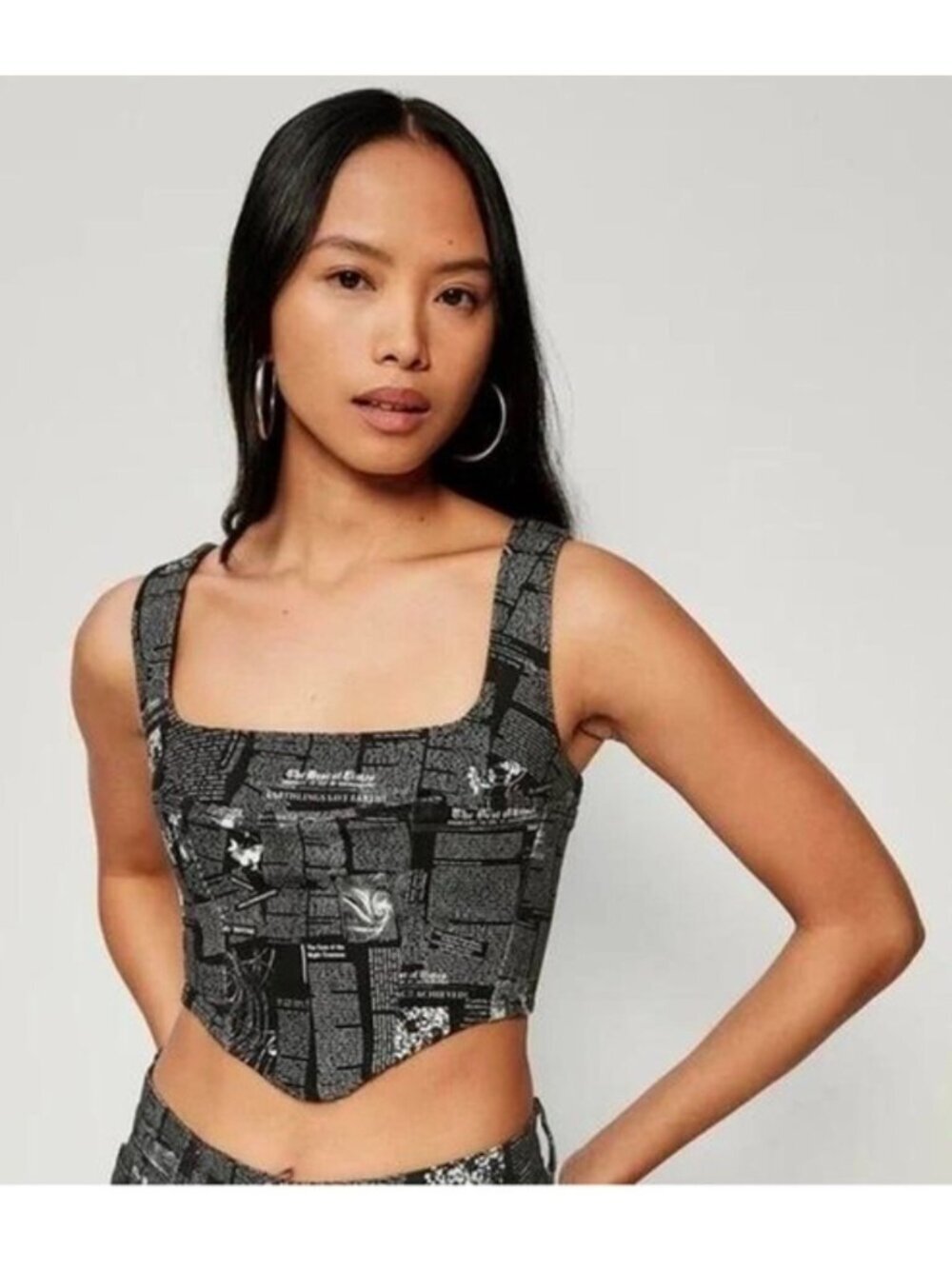 Reformation Raya Style Zine Denim Bustier Crop Top Black Newspaper Print Size 4